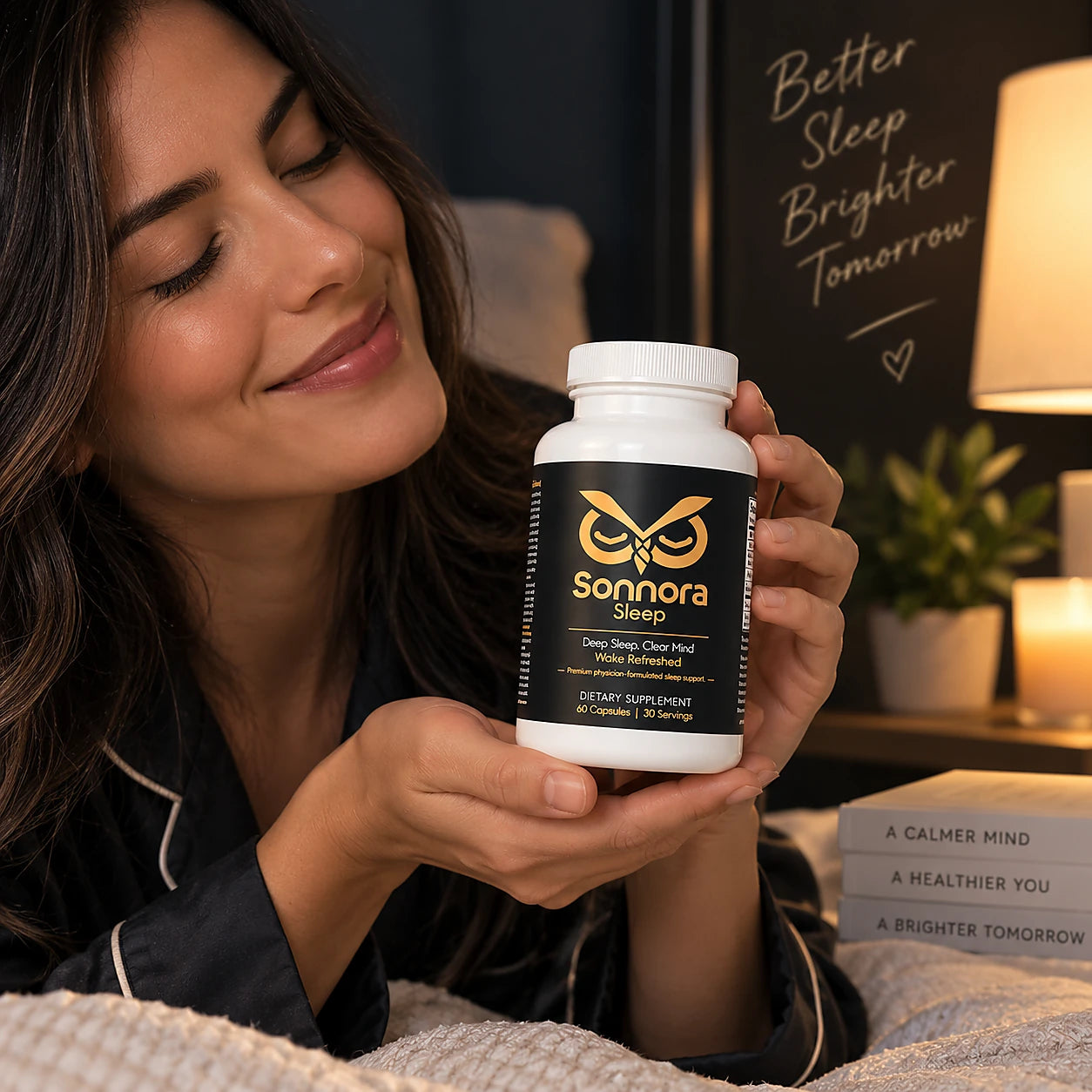 Woman taking white Sonnora capsules as part of a bedtime routine