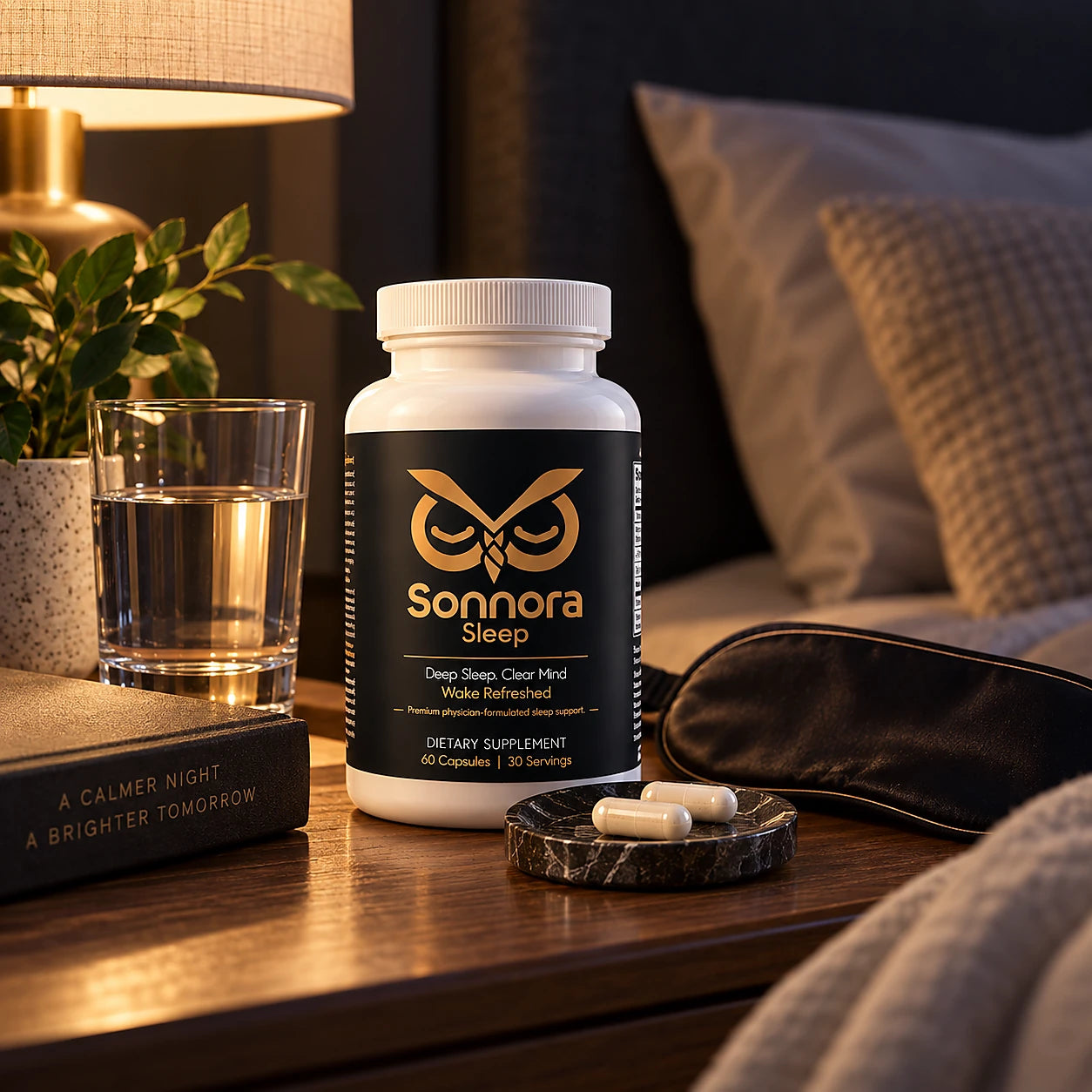 Man taking white Sonnora capsules before bed with a glass of water